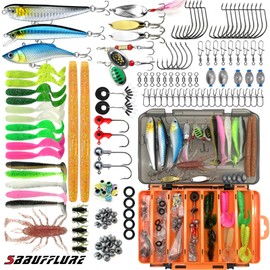 SBBUFFLURE Topwater Fishing Lures Kit for Freshwater Soft Plastic Lures Accessories Tackle Boxes Spoons Swimbaits Minnow Popper Crankbait VIB (YMX-138)