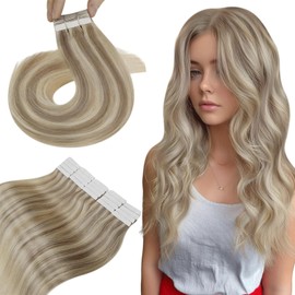 Hetto Tape in Hair Extensions Human Hair Blonde Tape in Human Hair Extensions Seamless Tape in Extensions Real Human Hair Dirty Blonde Highlight Light Blonde #17/23 24inch 50g 20pcs