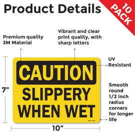 Slippery When Wet OSHA Caution Vinyl Decal Label 10 Inch x 7 Inch - 10 Pack