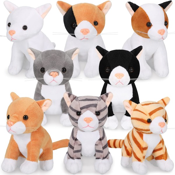 8-Piece Plush Pets Set, 5" Stuffed Animals Assortment, Cute Small Toys for Halloween, Classroom, School Parties, & Supplies (Cat)