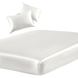 SiinvdaBZX 3-Piece Set Satin Full Fitted Sheet & 2 Pillowcase, Ivory White Silky Soft Fitted Bottom Sheet, Wrinkle Free, Fade Resistant, Deep Pocket Bed Sheet (Deep Up to 15")