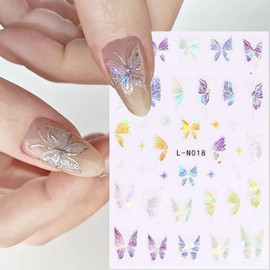 Butterfly Nail Art Stickers Decals 3D Glitter Butterflies Nail Self-Adhesive Sticker Designs Laser Flowing Butterfly Nail Charm Decal Acrylic Supplies for Women Girls Manicure Art
