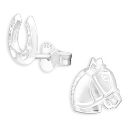 Monkimau Horse with Horseshoe Stud Earrings 925 Sterling Silver, Sterling Silver