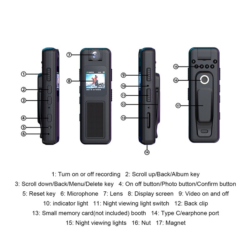 Body Cam Audio Video Recording Magnetic Mount 1080P HD Mini