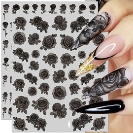 Flower Nail Art Sticker Decals 3D Self-Adhesive Nail Design Fashion Charm White Flowers Black and White Rose Nails Tips DIY Toenails Nail Tattoos for Women Girls Manicure Nail Decorations 4 Sheets