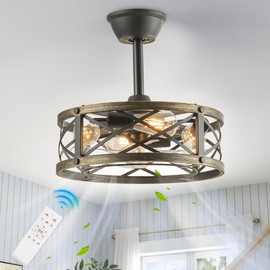 SabvioZh 16.5" Farmhouse Caged Fandelier Ceiling Fan with Light, Rustic Bladeless Small Ceiling Fans with Lights and Remote, Modern Enclosed Ceiling Fan with Light for Kitchen, Bedroom, Small Room