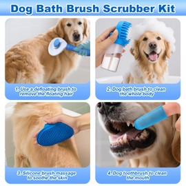 XANGNIER Dog Bath Brush Scrubber Kit,Pet Shower Washing Brush Bathing Supplies Set-With Shampoo and Soap Dispenser,Finger Toothbrush,Silicone Grooming Scrub Tool for Cat Dog Puppy Long Short Hair