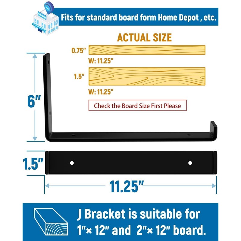 LEOPO 12 inch Shelf Brackets 6-Pack ,1/5 inch Thick Heavy