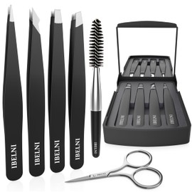 Tweezers Set with Mirror Case - Tweezers for Women facial hair-Professional Twizzers Facial Hair Tweezers for Eyebrows- Stainless Steel Tweezer kit with mirror compact (Black)