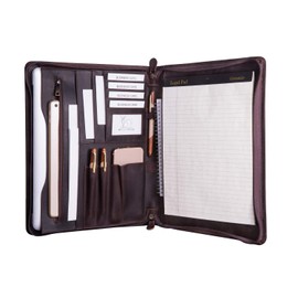 Gavarnie Genuine Leather Professioal Business Portfolio Padfolio Folder with Zipper for Men, Graduation Gift, Work Portfolio with Notepad for Meeting and Travel, Dark Brown