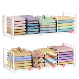 2-Pack Closet Organizers Stackable Clothing Storage Shelves, Expandable Clothes Shelf with Adjustable Divider Keeps Jeans Shirts Sweaters T-Shirts Tidy, for Bedroom RV Wardrobe System, White