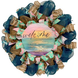 Pastel Ocean Waves Beach Welcome Wreath Handmade Deco Mesh 24 inches or 28 inches Indoor Outdoor Turquoise and Beige