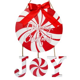 Christmas Door Sign Peppermint Candy Front Door Decor Joy Wooden Hanging Wreaths Red White Porch Decorations with Bow for Window Wall Home Decor