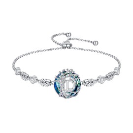 TOUPOP Tree of Life Initial Bracelet 925 Sterling Silver A-Z Letter Bracelet Blue Circle Crystal Jewelry Birthday Christmas Gifts for Women Her Girlfriend Mom, Large, Sterling Silver, crystal