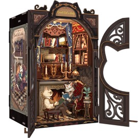 CUTEBEE Book Nook Kit - DIY Dollhouse Miniature House Kit for Adults, Teens and Beginners, Tiny House Booknook Bookshelf Decor 3D Wooden Puzzle, Gifts for Family, Friends (Count Cat's Study)