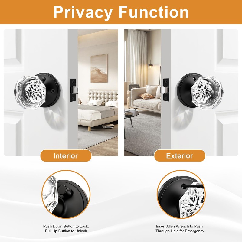 Gobrico 2 Pack Crystal Door Knobs Diamond Glass Bed/Bath Privacy