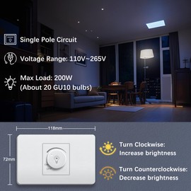 Rotary Dimmer Switch, 110V~265V, Max 200W for LED, CFL, Incandescent, Halogen, Single Pole Dimmer Switch, Wall Plate Included, Matte White