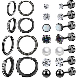 Black Earrings for Women,Surgical Steel Black Flat Back Stud Earrings,Titanium Steel Black Hoop Earrings,Black CZ Pearl Ball Opal Earrings