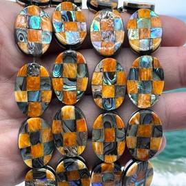 AlohaGemsUSA Spiny Oyster & Abalone Shell Beads - Native American Style (Handcrafted Mosaic Inlay Artistry with Meticulous Workmanship) Oval 15X20mm (Full Strand 16 Inches - 18 Beads)