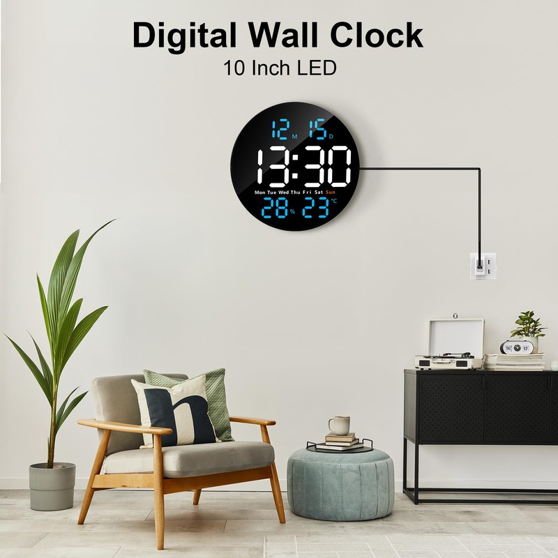 Lafocuse 10" LED Large Digital Wall Clock Round with Remote