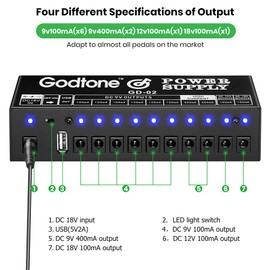 Guitar Effect Pedal Power Supply 10 DC Outputs Suitable for 9V/12V/18V Pedals with Short Circuit/Overcurrent Protection Separate LED Indicator USB (5V2A) GD-02