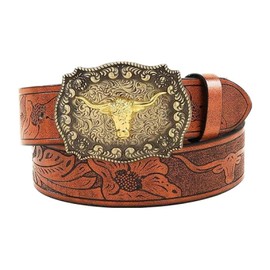 Cinturón de Piel con Hebilla Occidental, Cinturón de Vaquero con Patrón de Caballos, Decoración Floral Grabada para Hombres (Marrón, 120CM)