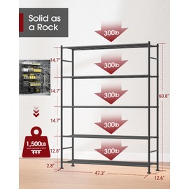 Sakugi Storage Shelves - 5 Tier Shelf Organizer, Heavy Duty Garage Shelving Unit with Leveling Feet, Stable Metal Shelves Organizer for Pantry, Kitchen and Closet, 47.3" W x 12.6" D x 60.8" H, Black