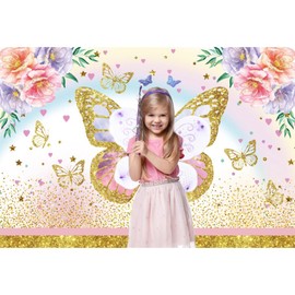Renaiss Fabric Butterfly Backdrop 8x6ft Colorful Flowers Blossom Golden Glitter Heart Stars Photography Background for Girls Woman Birthday Party Supplies Portraits Photo Booth Prop