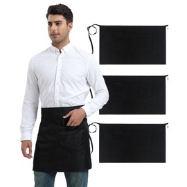 Xeoxarel 3 Pakc Server Aprons with 4 Pockets, Unisex Waitress Waiter Waist Apron for Women and Man Half Black 18''