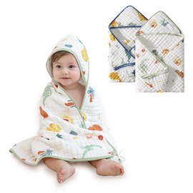 usbettas Muslin Baby Hooded Towel - 2 Pack Baby Towels, Ultra-Soft & Absorbent Bath Towel with Original Design, for Newborn & Infant (Dolphin & Dinosaur, 32" x 32")
