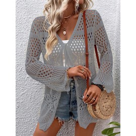 Women Crochet Cardigan Lightweight Tie Front Hollow Out Long Sleeves Summer Knit Cover Cardigans
