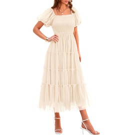 PRETTYGARDEN Women's Smocked Midi Tulle Dress 2025 Summer Puffy Short Sleeve Square Neck Ruffle Wedding Guest Party Dresses (Beige,X-Large)