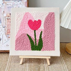 Woohome Rahmen Punch Needle Embroidery Starter Kit, Stanznadel Stickerei Starter Kit für Anfänger mit Blumenmuster, Stickrahmen, Garne, Stanznadel (Rosa und Tulpen)