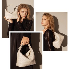 Woven Bag Vegan Leather Shoulder Bag Women Handmade Purses and Handbags Trendy Underarm Purse(Cream White)