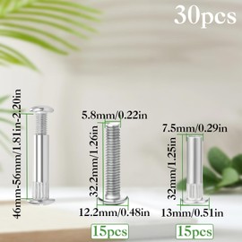 Pack of 30 Connection Screws M6 46-56 mm Furniture Connectors Cabinet Connector Screws (15 x Furniture Screws, 15 x Sleeve Screws) Connection Screw Furniture Connecting Screws for Furniture Cabinets