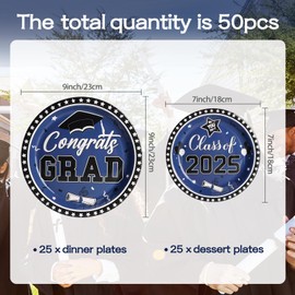 PARTY GO 50Pcs 2025 Gemstone Blue Graduation Party Plate Set Includes 25Pcs 7'' and 25Pcs 9'' Paper Plates Suitable for a Graduation Party of 25 Guests