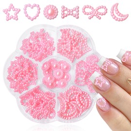 LuckForever 3D Nail Charms Cute Star Moon Bow Heart Charm Nail Decorations Kit Pink Bow-Know Stars Heart Pearl Studs Acrylic Nail Design Jewelry Resin Craft Art Accessories Nail Tech Supplies