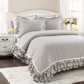 Lush Decor Ella Ruffle Lace Comforter, 3 Piece Set, Full/Queen, Light Gray - Cute Comforter - Queen Bedding Set - Gray Bedding Full Size - Coquette Decor - Ruffle Trim - Lace Trim