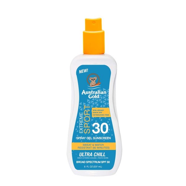 Australian Gold Extreme Sport Spray Gel Sunscreen SPF 30, 8 Ounce | Broad Spectrum | Sweat & Water Resistant | Non-Greasy | Oxybenzone Free | Cruelty Free