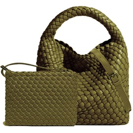 Handmade Woven Shoulder Bags for Women Cute Hobo Tote Handbag Mini Clutch Purse with Magnetic Buckle Crossbody Phone Bag, Olive Green