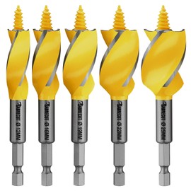 5 x SabreCut SCAG001 100mm Long (12mm, 16mm, 19mm, 22mm & 25mm) Wood Auger Tri Flute Self Feed Tip Grooved Hex Shank Drill Bit for High Speed Drilling in Wood and MDF
