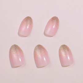 SINHOT Almond Press on Nails Medium - Gold Bling Glitter Fake Nails Glossy Glue on Nails Acrylic Nail Art Nude Natural Stiletto Artificial Nails French Tip Stick on False Nails with Design DIY 24 pcs