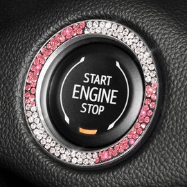 ToBeQueen White Pink Bling Push Start Button Cover Emblem Sticker, Crystal Diamond Rhinestone Push Start Ring Car Decor, Pink and White Bling Car Accessories