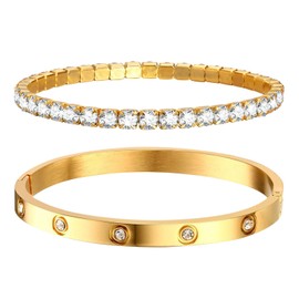 Womens Stackable Gold Bracelets Jewelry - 18K Gold Plated Bangle Bracelets,Bangle Bracelets Non Tarnish, Gold Cubic Zirconia Tennis Bracelet Set Gift,Christmas Valentines Birthday Gifts for Girlfriend