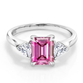 Gem Stone King 925 Sterling Silver Pink and White Moissanite 3-Stone Ring | 2.07 Cttw | 3 Stone Wedding Engagement Anniversary Promise Ring For Women | Emerald Cut 8X6MM | Trillion 3.5MM (Size 8)