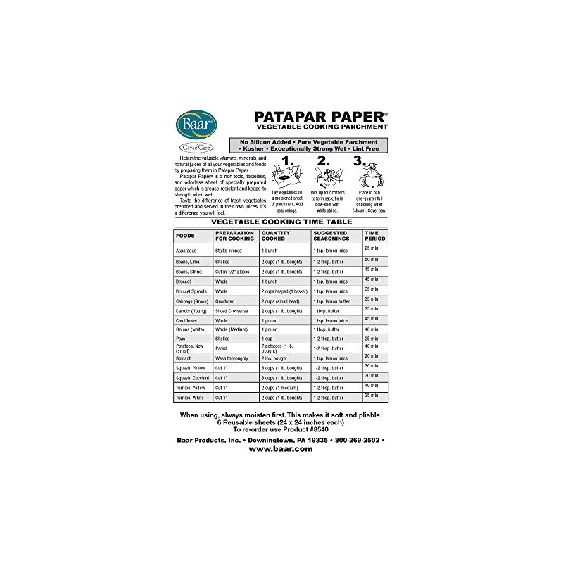 Patapar Paper, Vegetable Cooking Parchment - 24"x24", 6 Reusable Sheets