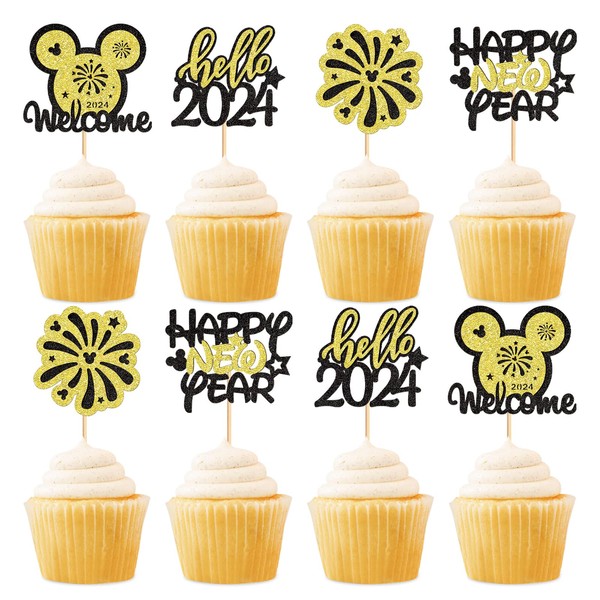 Keaziu - 24 piezas de decoración para cupcakes de feliz año nuevo, bienvenida, 2024 selecciones Hello 2024 Fireworks Mouse Cupcake Toppers para felicitaciones 2024 Feliz Año Nuevo, día festivo, decoración de fiesta, mouse dorado