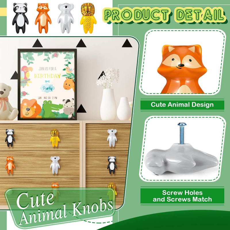 Kathfly 8 Pieces Cute Animal Knobs Kids Handles Ceramic Knobs