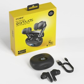 Coby True Wireless Earbuds & Battery Readout Charging Case | Mini Bluetooth Earbuds, Built-in Mic, Lightweight | Up to 10-HR Total Playtime (Black)