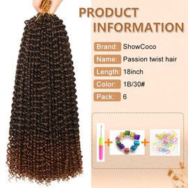 Passion Twist Hair 18 Inch, Passion Twist Crochet Hair Synthetic Braids for 6 Packs Water Wave Crochet Hair Long Bohemian Locs Hair (18 Inch, #1B/30)